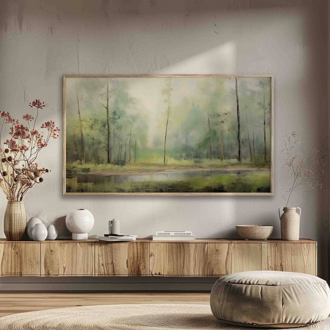 Foggy Green Forest Stream Soft Vintage Rustic Landscape Poster - Image 2