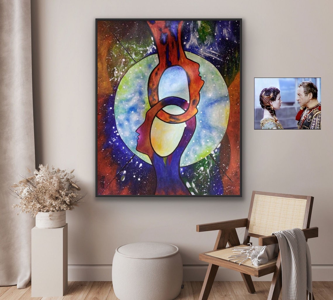 Colorful Two Entwined Faces Cosmic Moon Abstract Love Poster