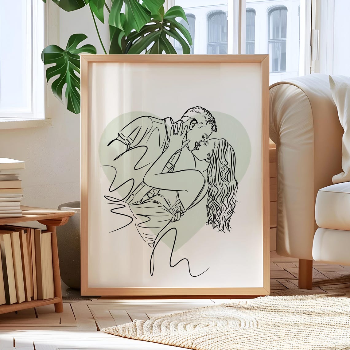 Romantic Kissing Couple Minimalist Line Art With Heart Backdrop Poster