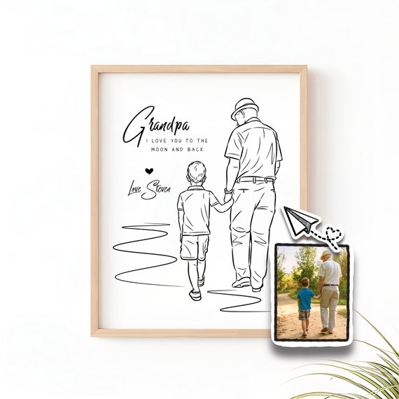 Custom Fathers Day Line Art Gift For Grandpa Grandfather Portrait Unique Line Art Birthday Present Personalized New Dad Gift