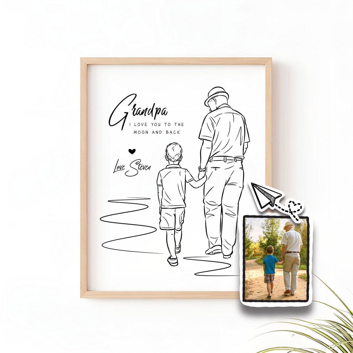 Grandpa and Grandson Walking Line Art Portrait Custom Keepsake Print