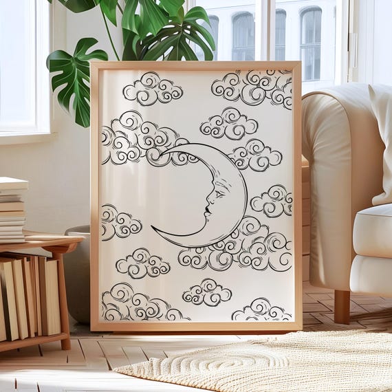 Celestial Moon Line Art Print Nursery Wall Decor Antique Crescent Poster Witchy Boho Mystical Cloud Illustration Unique Home Decor
