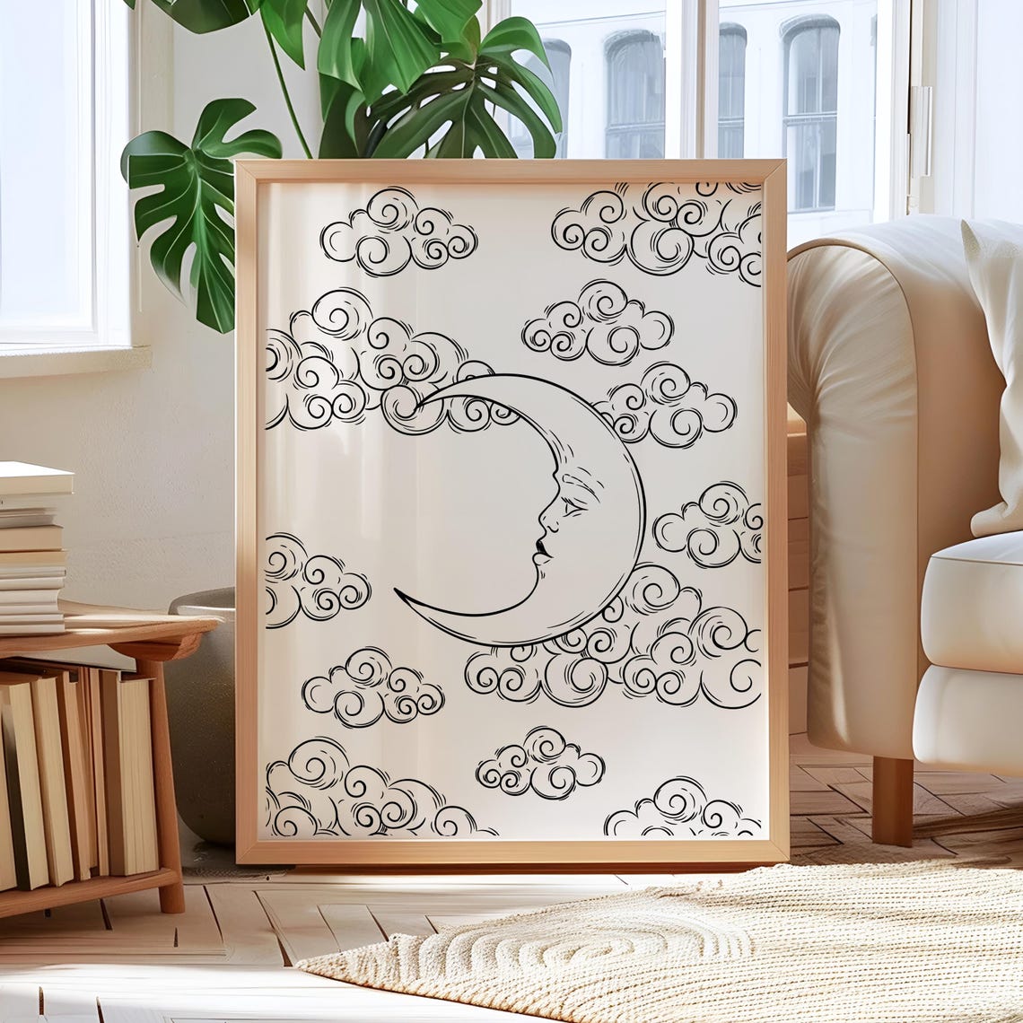 Celestial Moon Line Art Print Nursery Wall Decor Antique Crescent Poster Witchy Boho Mystical Cloud Illustration Unique Home Decor