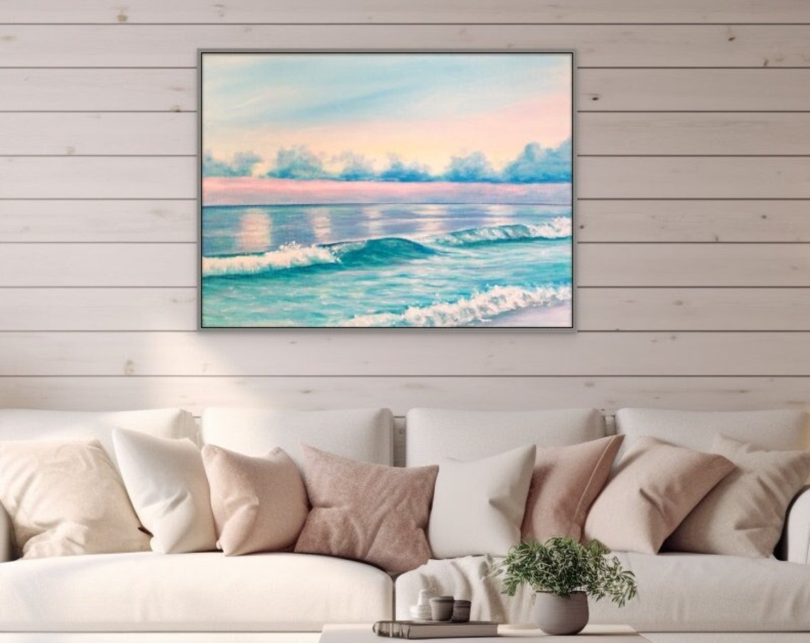 Turquoise Ocean Waves Dusk Seascape Pink Sky Beach Art Poster - Image 4