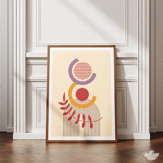 Boho Geometric Plant Print Neutral Abstract Wall Art