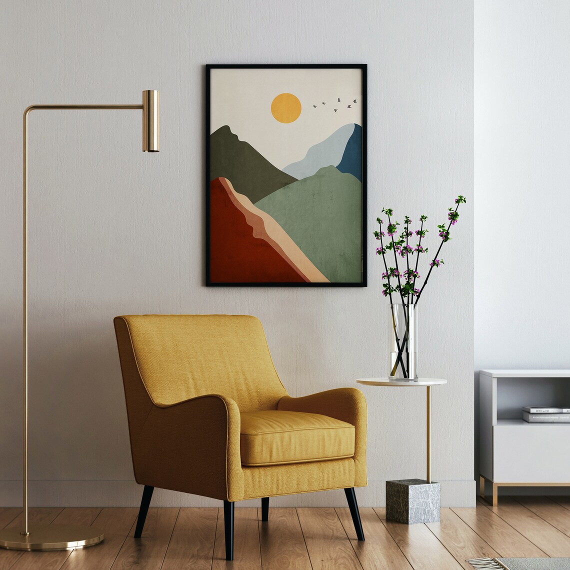 Boho Mountain Sun Landscape Art Print, Minimalist