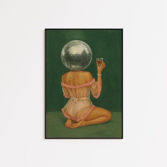 Disco Ball Girl Holding Cocktail After Hours Green Party Poster