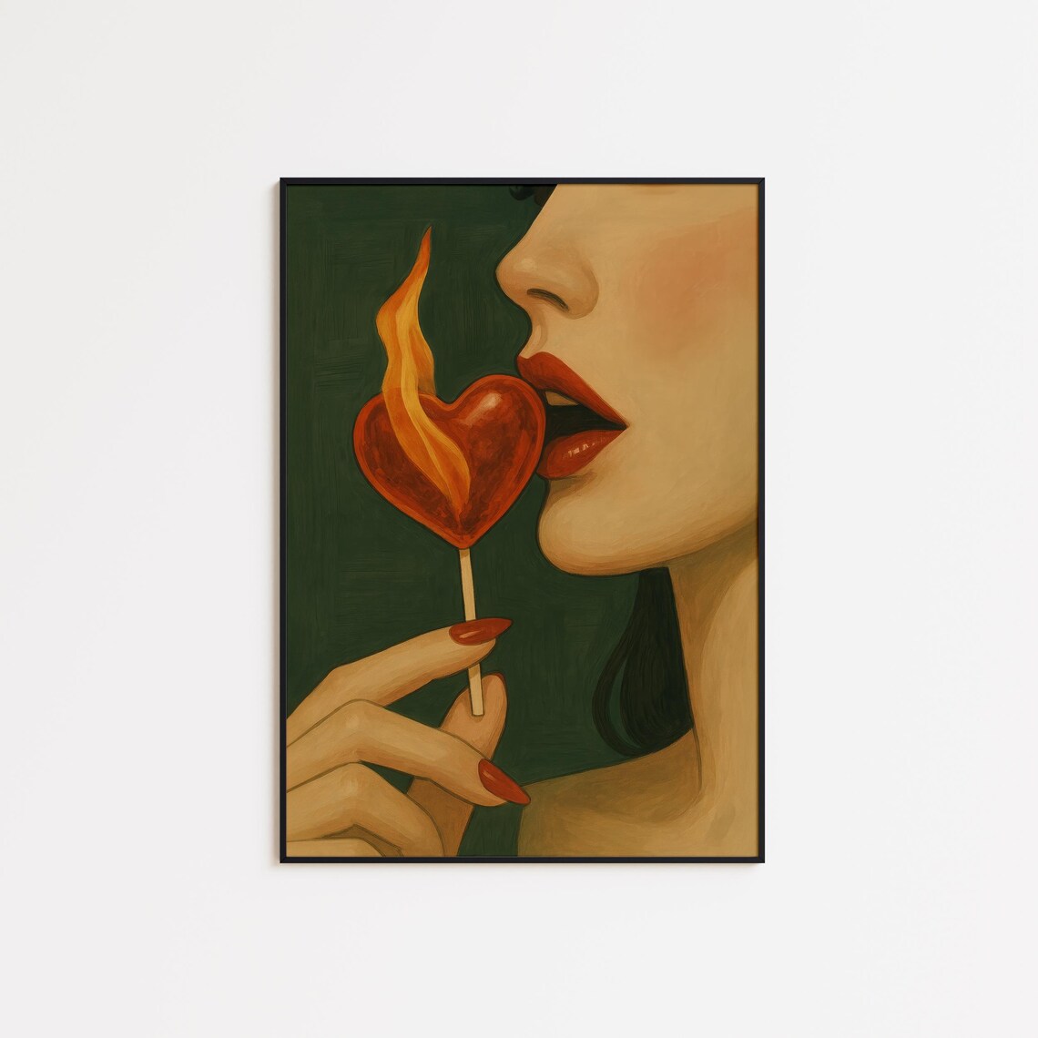 Hot Heart Lollipop Sensual Lips Illustration Print Red Feminine Wall Art Poster