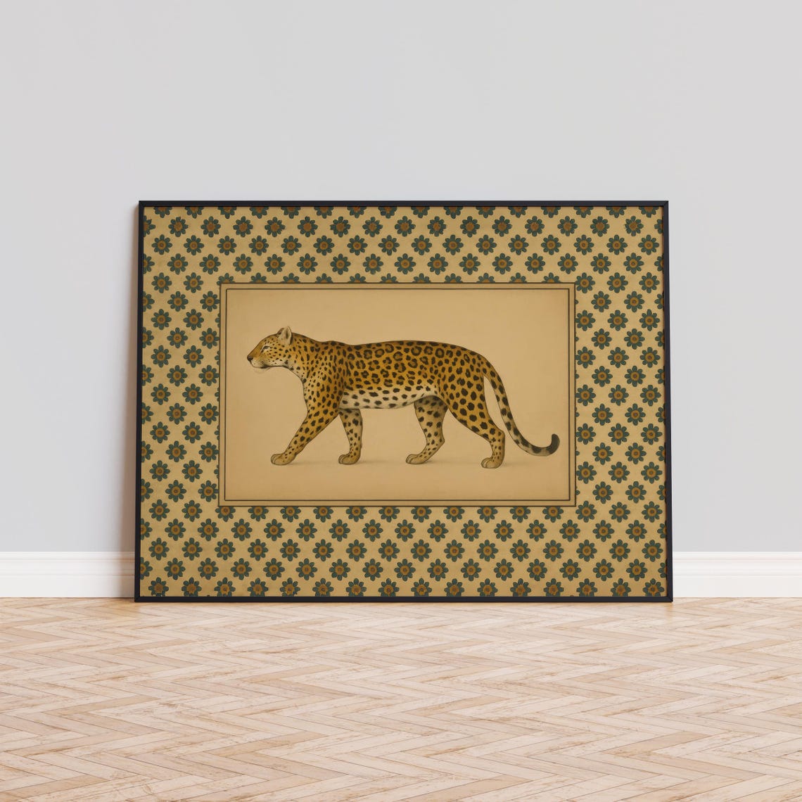 Leopard Wall Art Vintage Botanical Animal Print With Floral Pattern Background