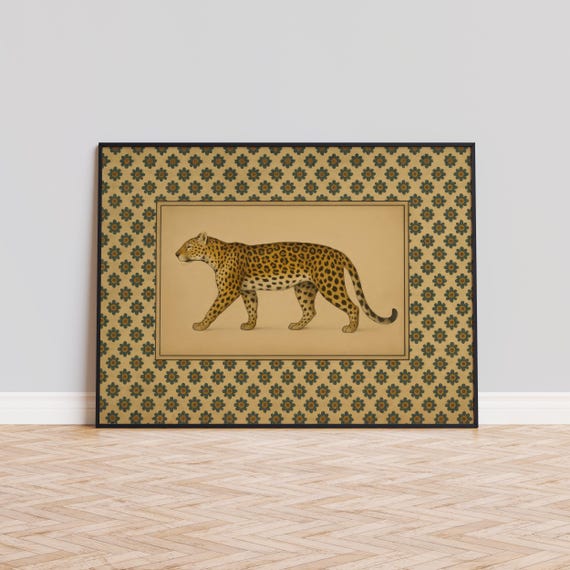 Leopard Wall Art Vintage Botanical Animal Print With Floral Pattern Background