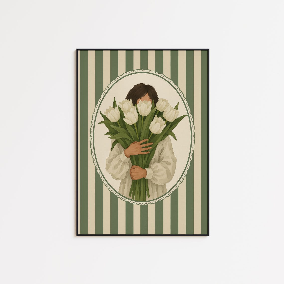 Girl With White Tulips Vintage Striped Floral Portrait Poster