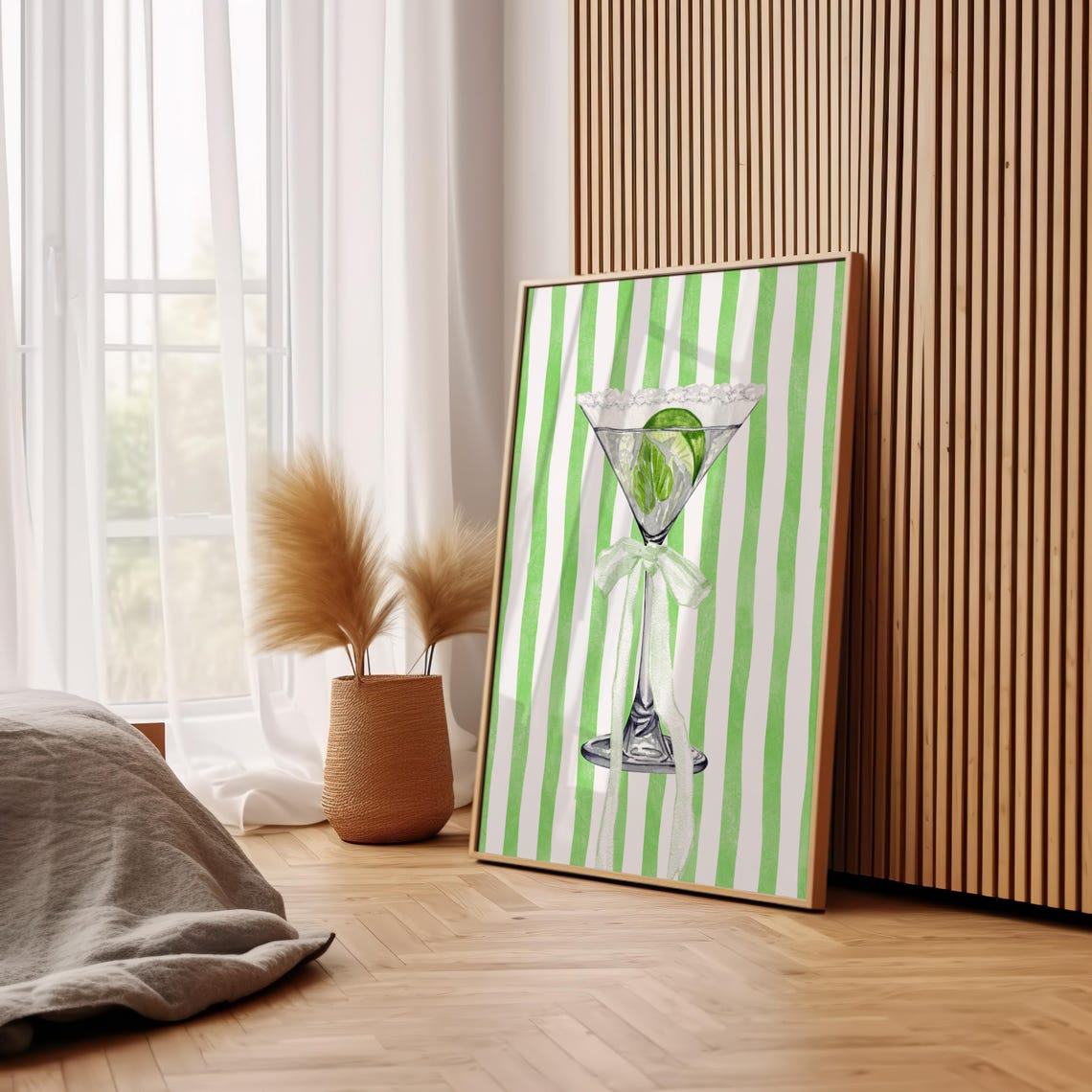 Lime Martini Glass Ribbon Bow Green Stripe Coquette Bar Cart Poster - Image 2