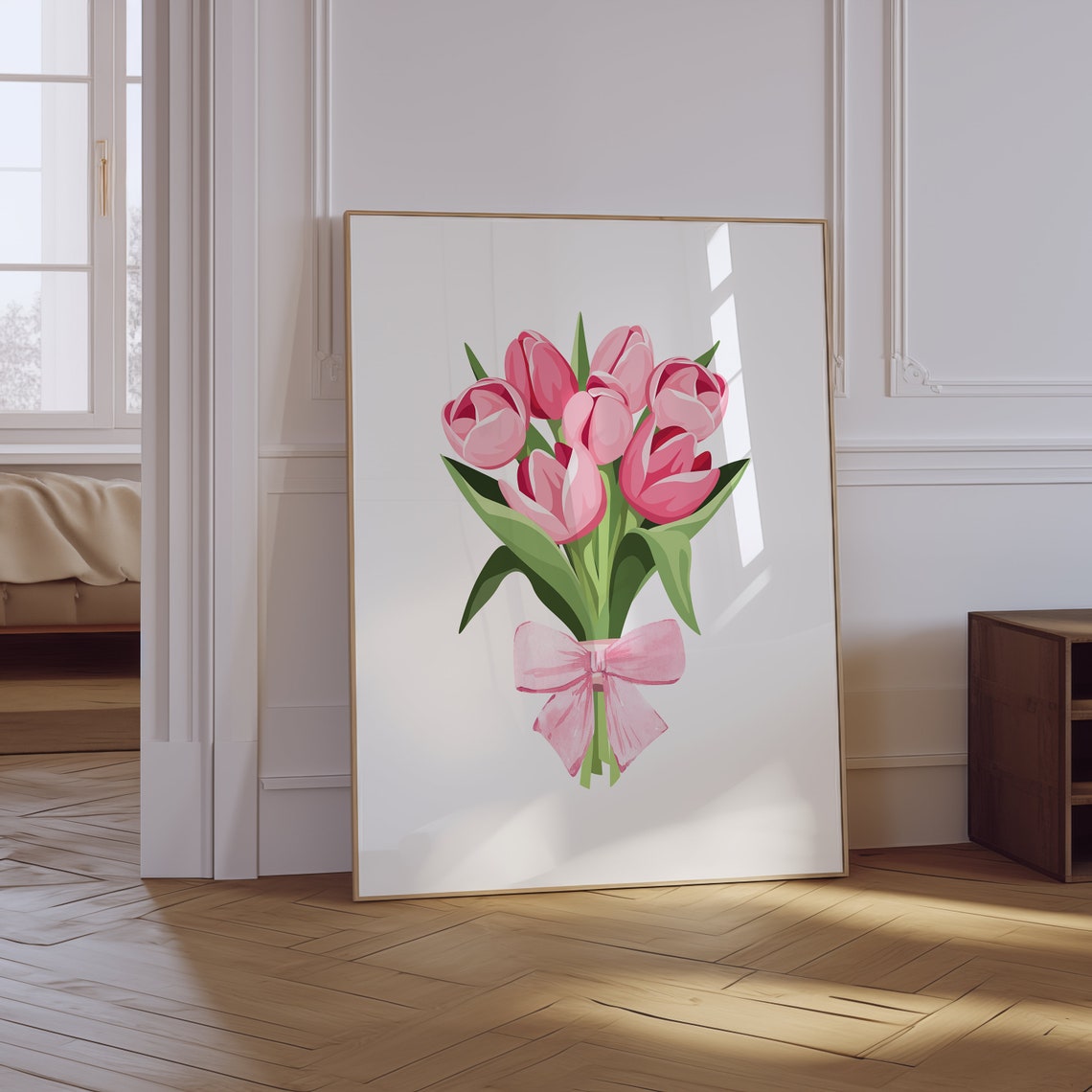 Pink Tulip Bouquet Tied With Bow Coquette Floral Bedroom Wall Art