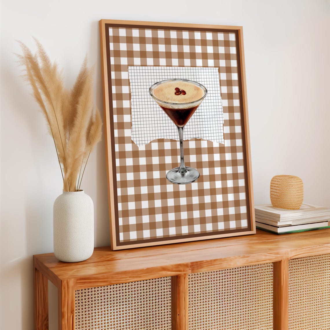 Espresso Martini Coffee Bean Foam Brown Gingham Bar Cart Poster - Image 2