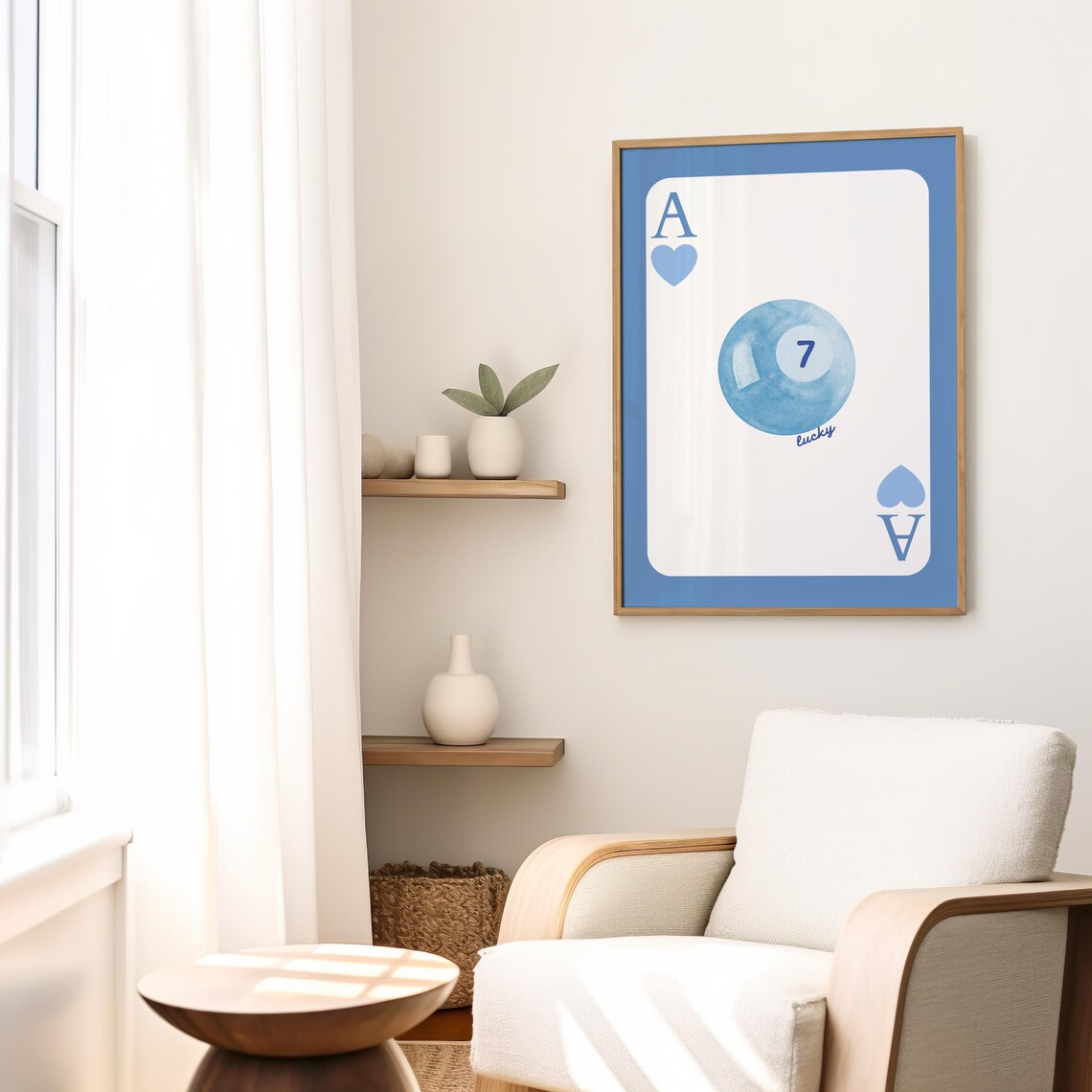 Lucky 7 Blue Ace of Hearts Playing Card Watercolor Number Wall Art - Image 2