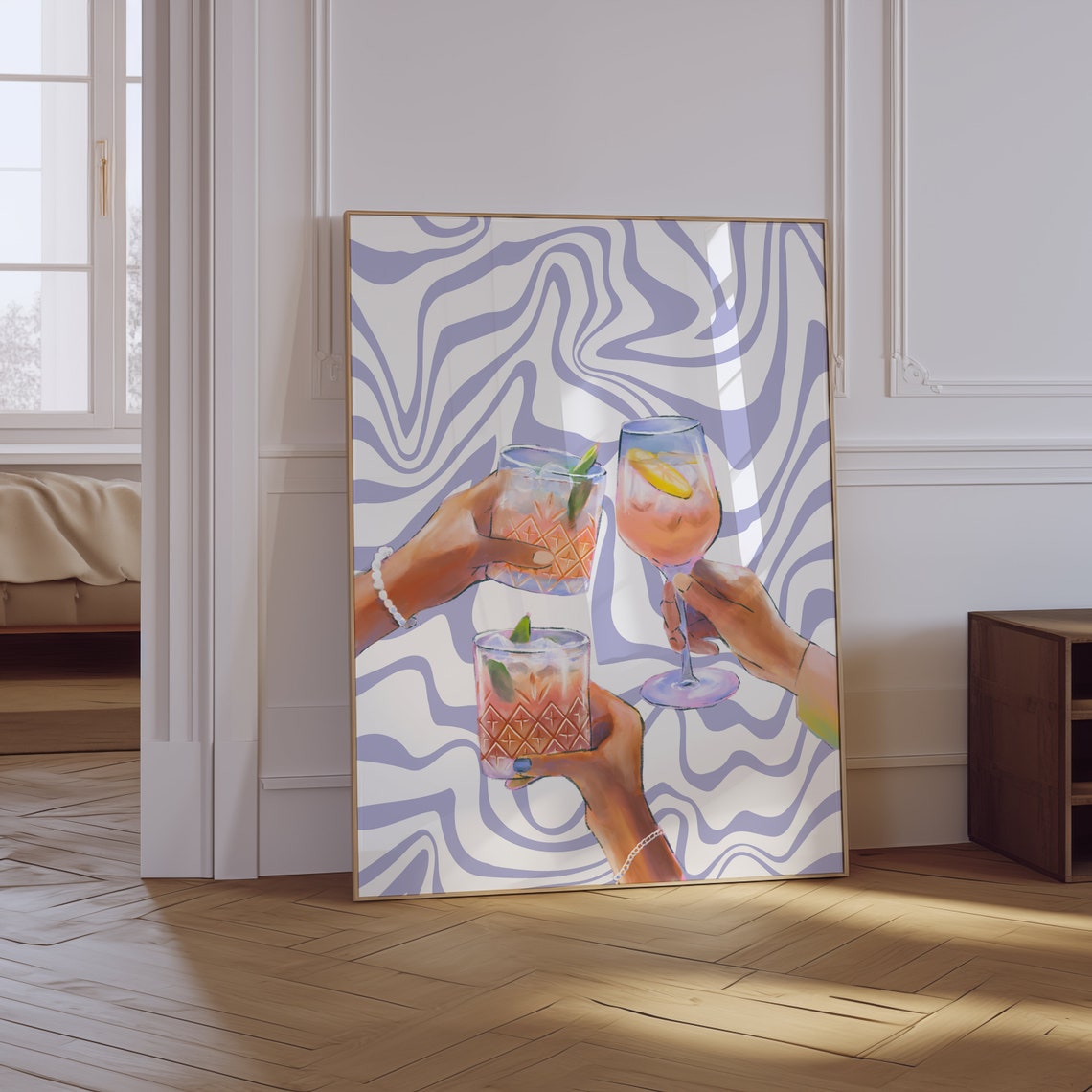 Cocktail Toast Hands Purple Wavy Abstract Retro Party Bar Poster