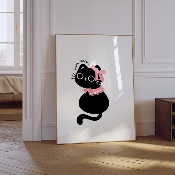 Black Cat With Pink Bow Meow Coquette Cute Girly Room Art Poster