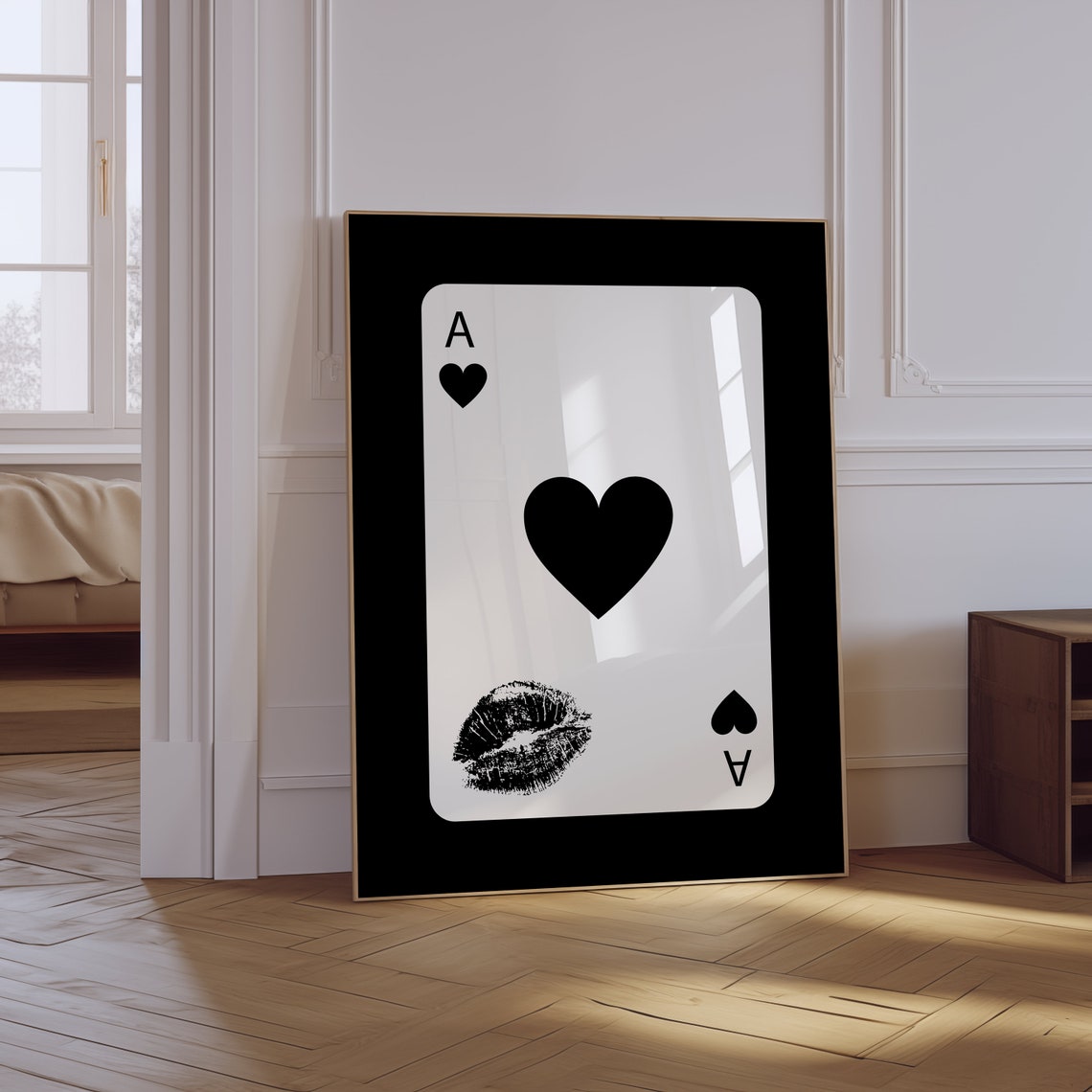Ace of Hearts Lipstick Kiss Black and White Playing Card Poster