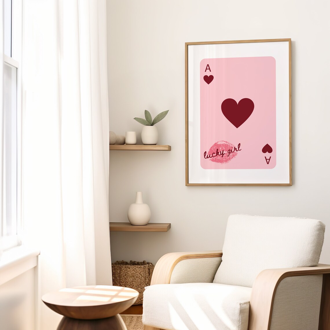 Lucky Girl Ace Of Hearts Pink Playing Card Kiss Mark Trendy Poster - Image 2