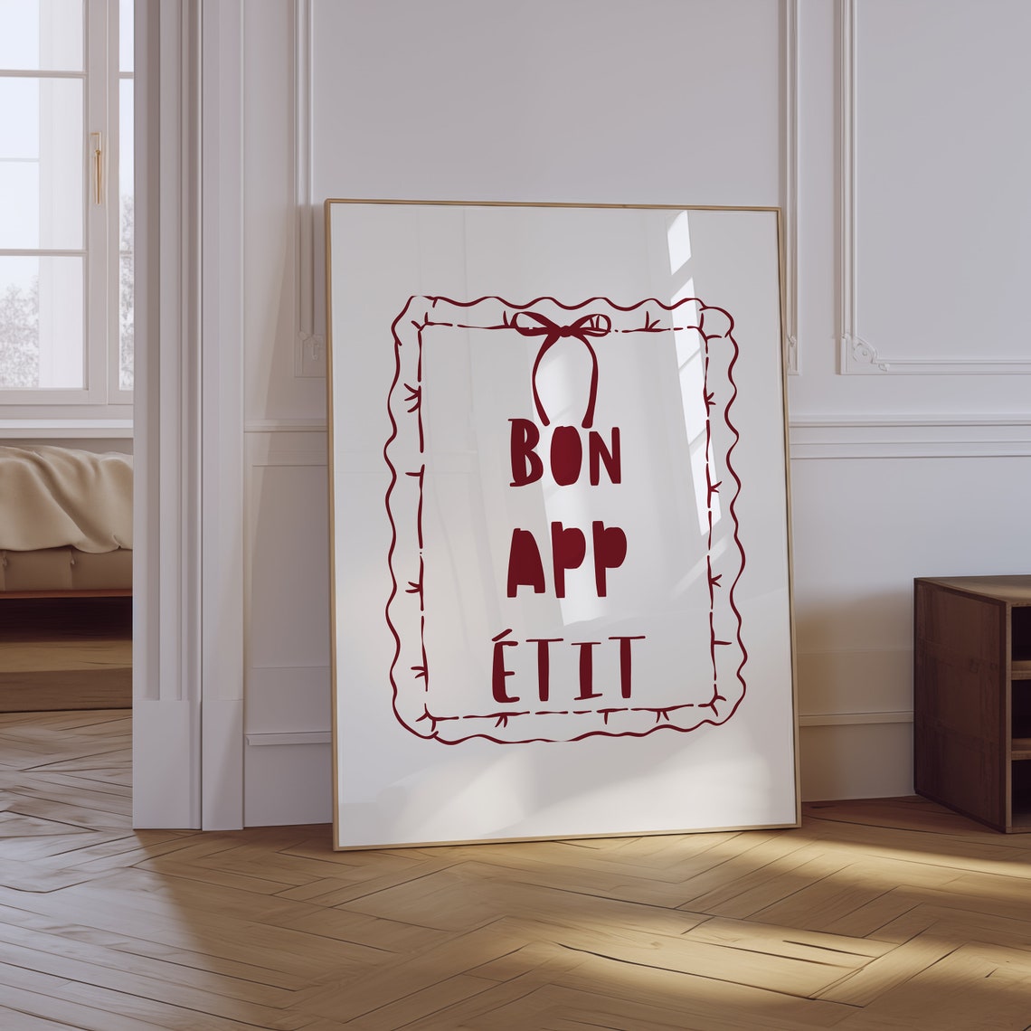 Bon Appetit French Quote Scalloped Bow Frame Retro Kitchen Poster
