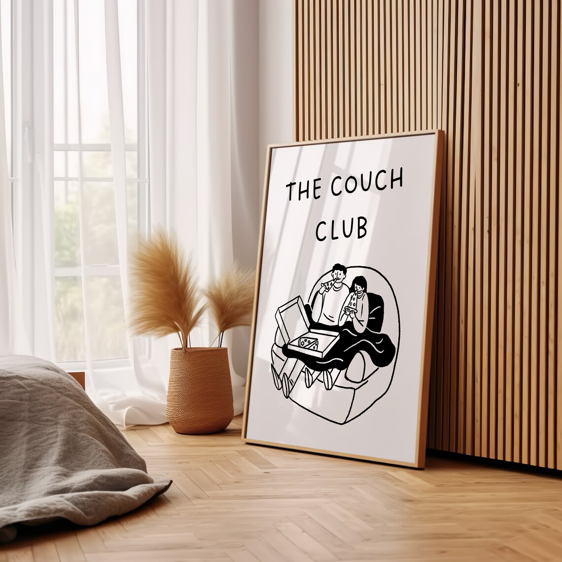 The Couch Club Couple Pizza Night Black and White Line Art Wall Art - Image 3