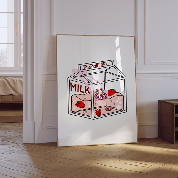 Strawberry Milk Print Pink Preppy Kitchen Prints Aesthetic Funky College Dorm Art Posters Funny Retro Kitchen Print Milk Poster