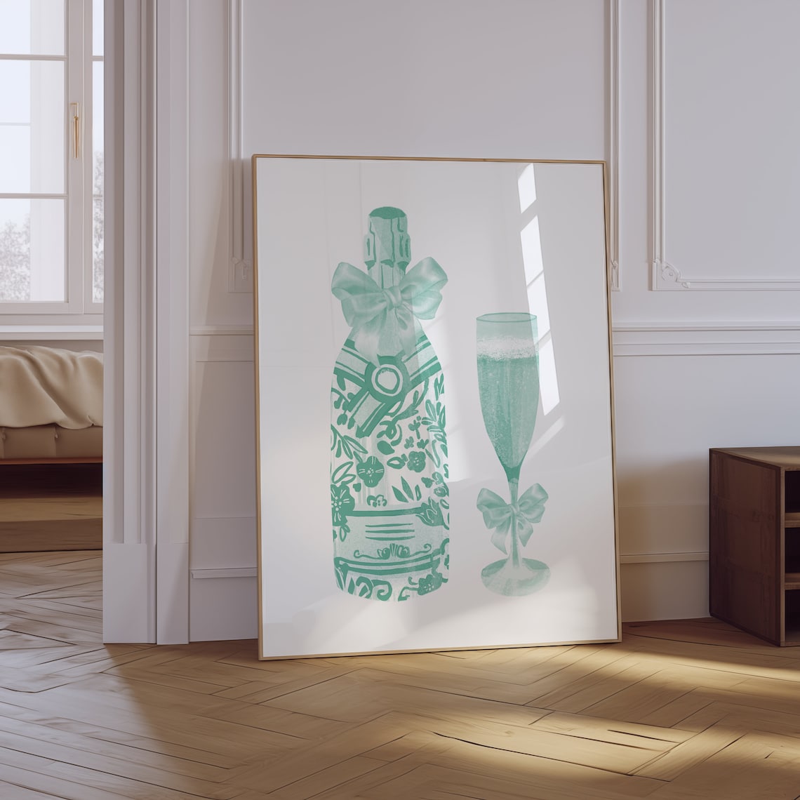 Sage Green Champagne Bottle With Bow And Flute Celebratory Bar Cart Print