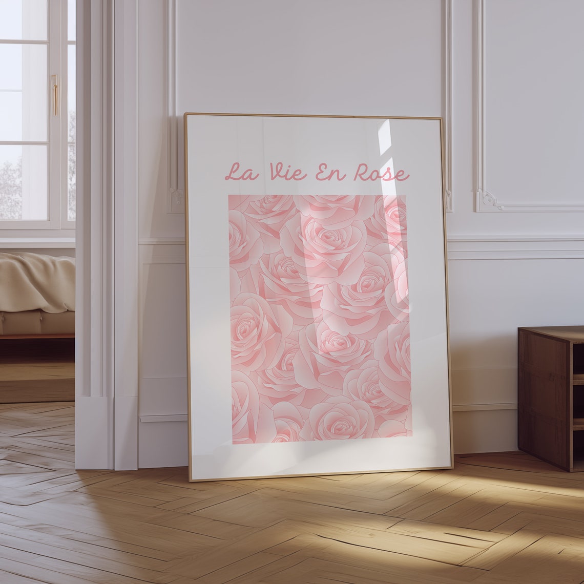 La Vie En Rose Pink Roses Pattern Romantic French Quote Wall Art