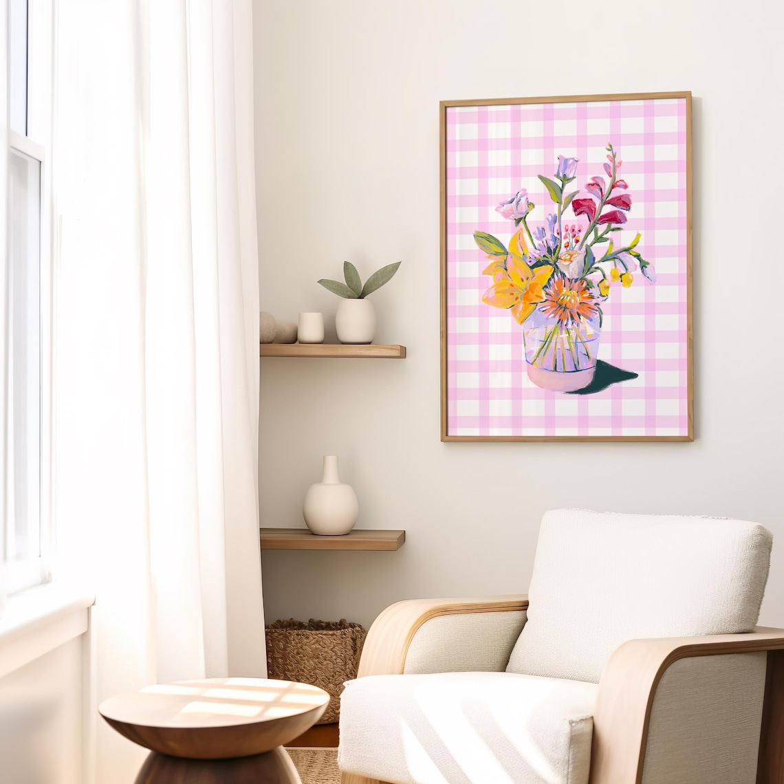 Pink Gingham Floral Still Life Watercolor Vase Bouquet Spring Print - Image 2