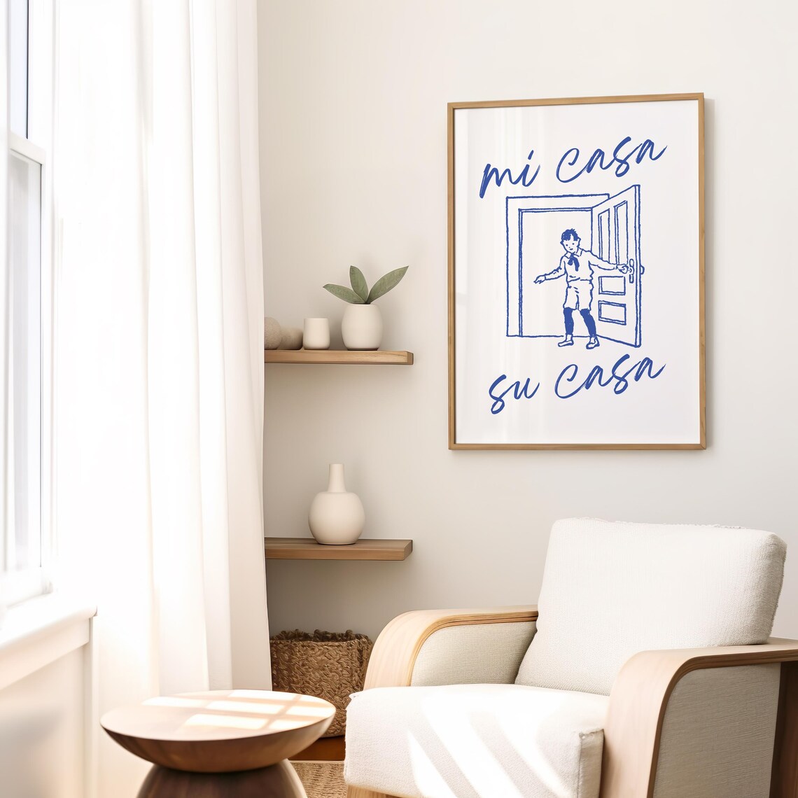 Mi Casa Su Casa Spanish Quote Blue Line Art Boy at Door Welcome Print - Image 2