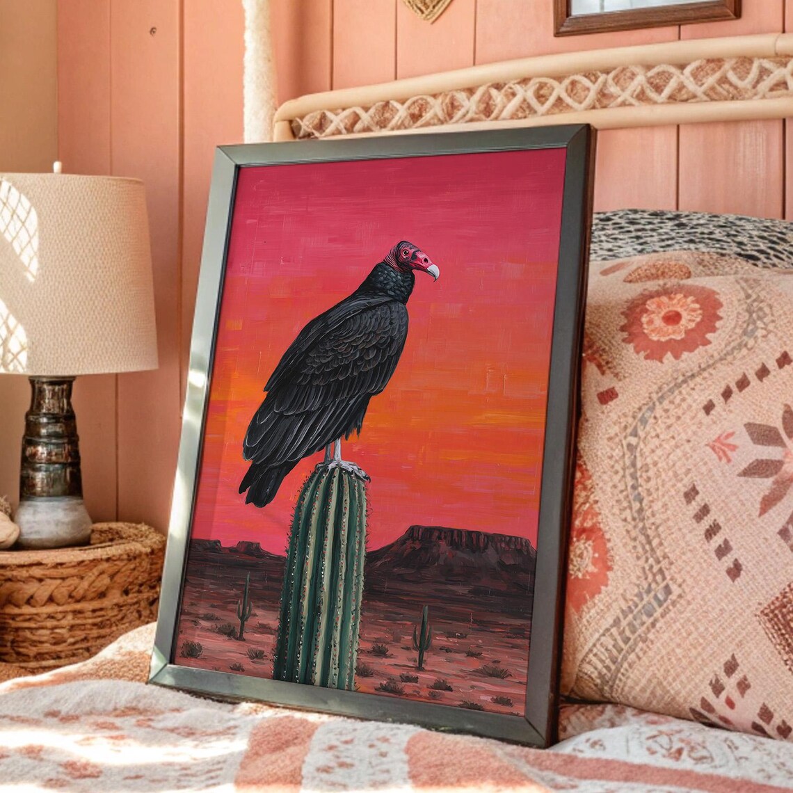 Desert Vulture On Cactus At Sunset Art Print