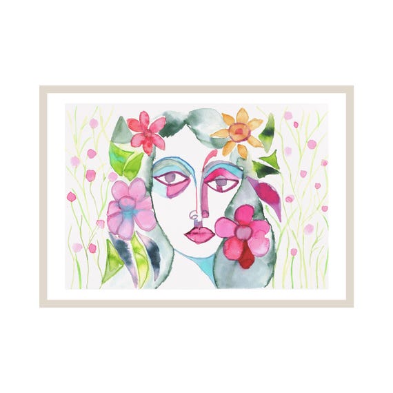 Abstract Floral Face Watercolor Print Modern Botanical Portrait Wall Art
