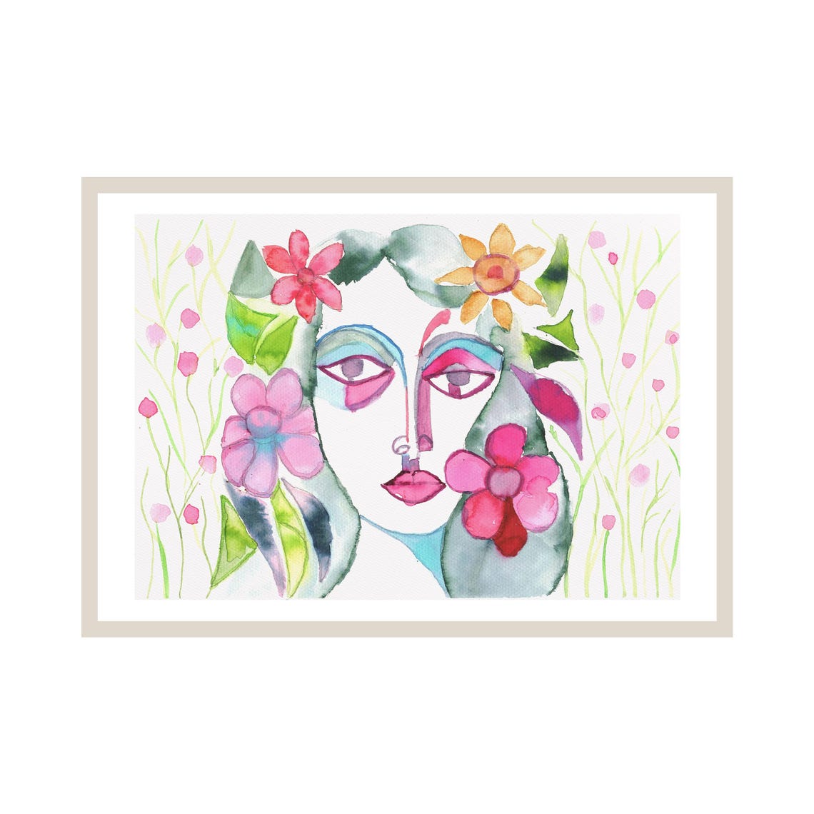 Abstract Floral Face Watercolor Print Modern Botanical Portrait Wall Art