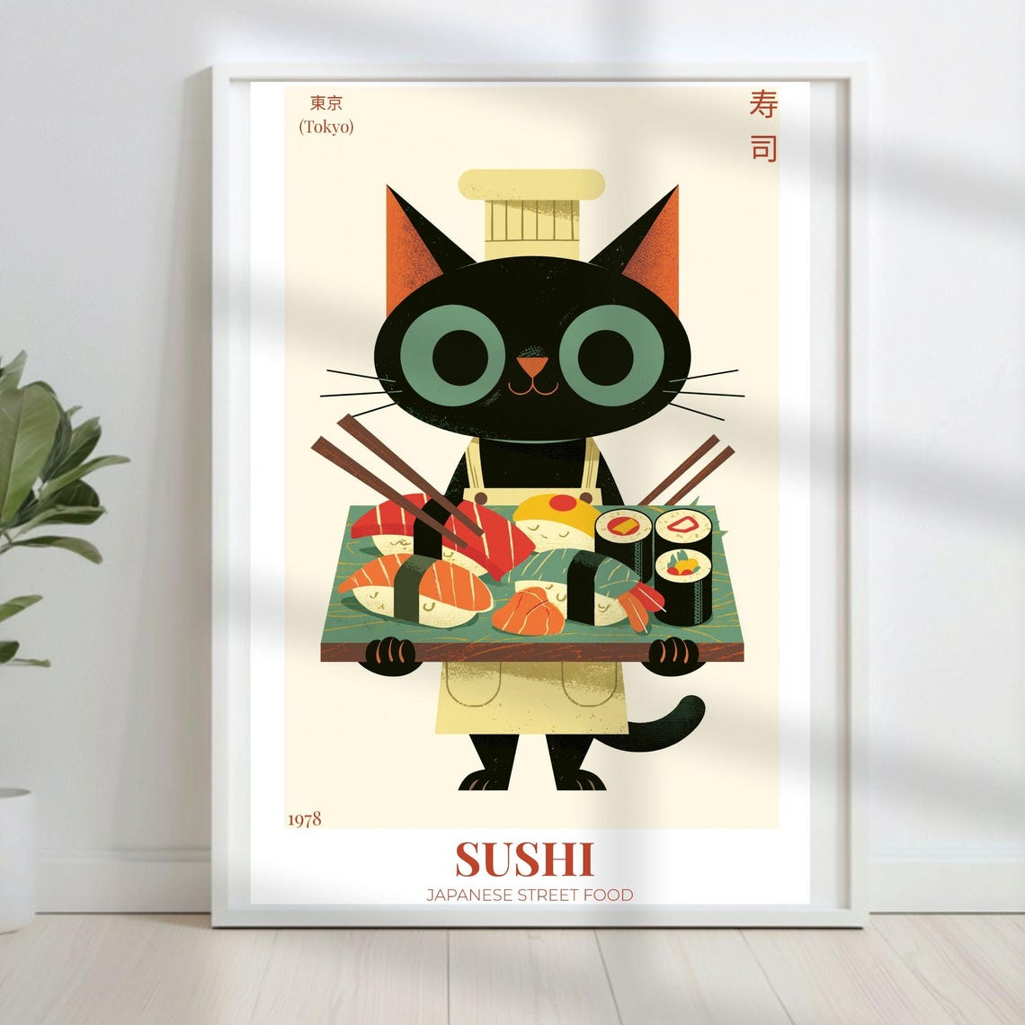 Cat Sushi Poster Digital Neko Kitchen Japanese Wall Art Print Instant Download