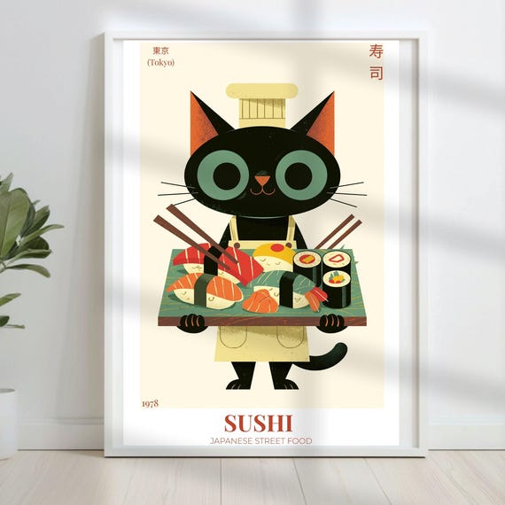 Cat Sushi Poster Digital Neko Kitchen Japanese Wall Art Print Instant Download