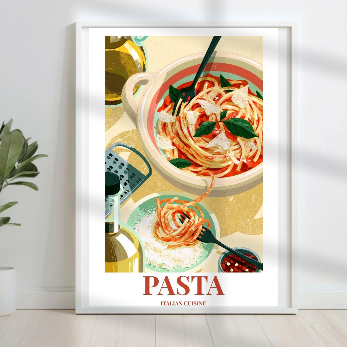 Pasta Italian Cuisine Vintage Style Spaghetti Illustration Poster