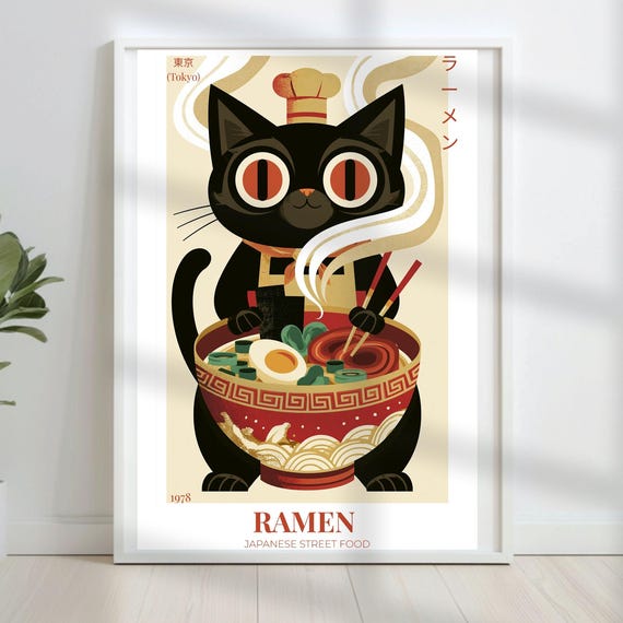 Cat Ramen Poster, Japanese Kitchen Art Print