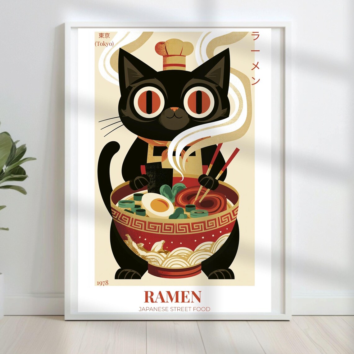Cat Ramen Poster, Japanese Kitchen Art Print