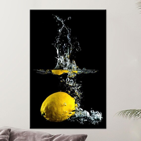 Lemon Splashing Into Water Black Background Food Photo Poster