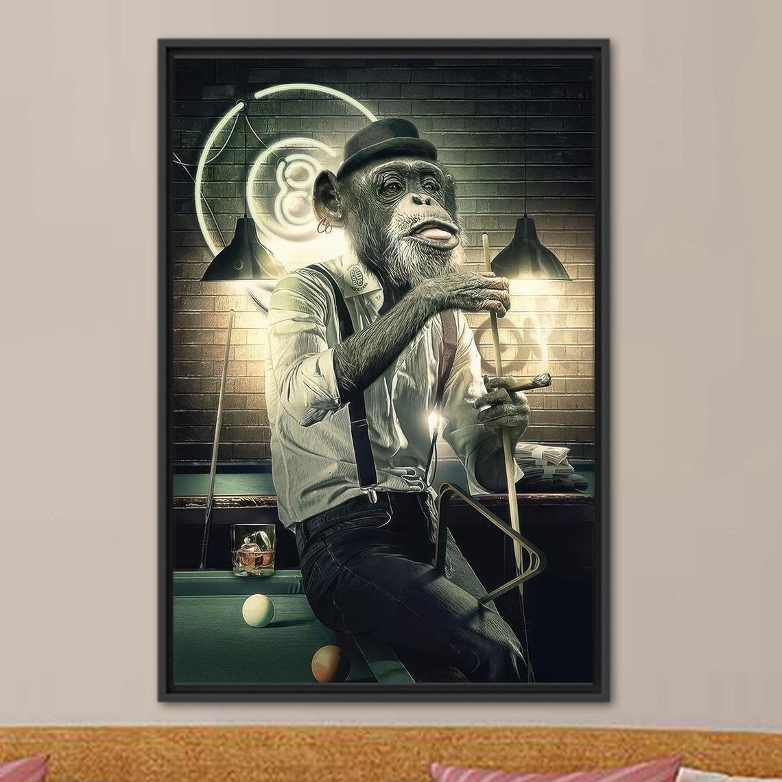 Monkey Playing Pool Bowler Hat Cigar Neon Billiards Bar Poster
