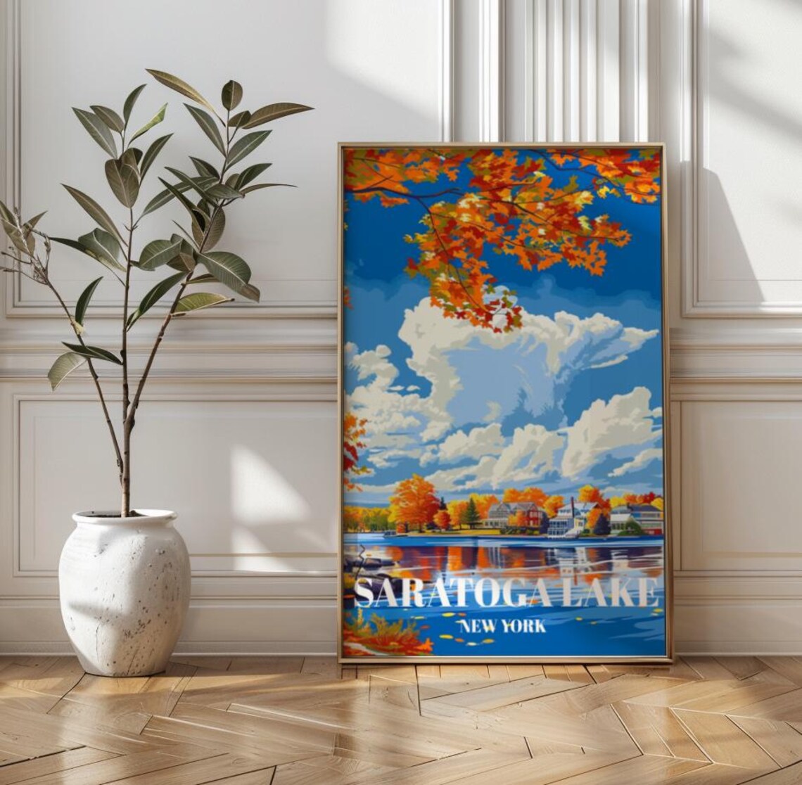 Saratoga Lake New York Autumn Foliage Lakeside Retro Travel Poster