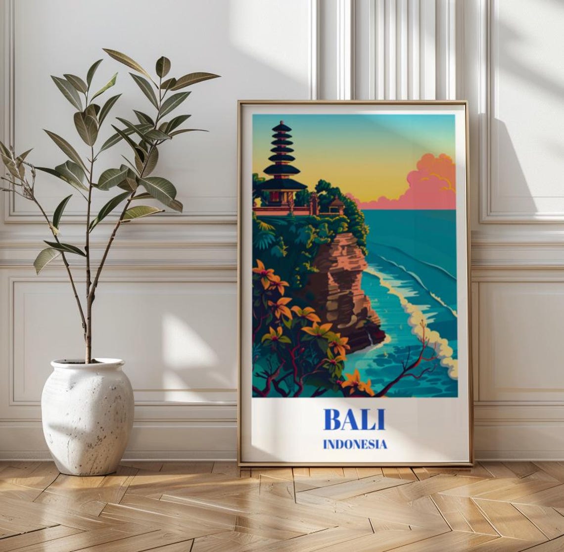 Uluwatu Temple Bali Indonesia Ocean Cliff Sunset Vintage Travel Poster