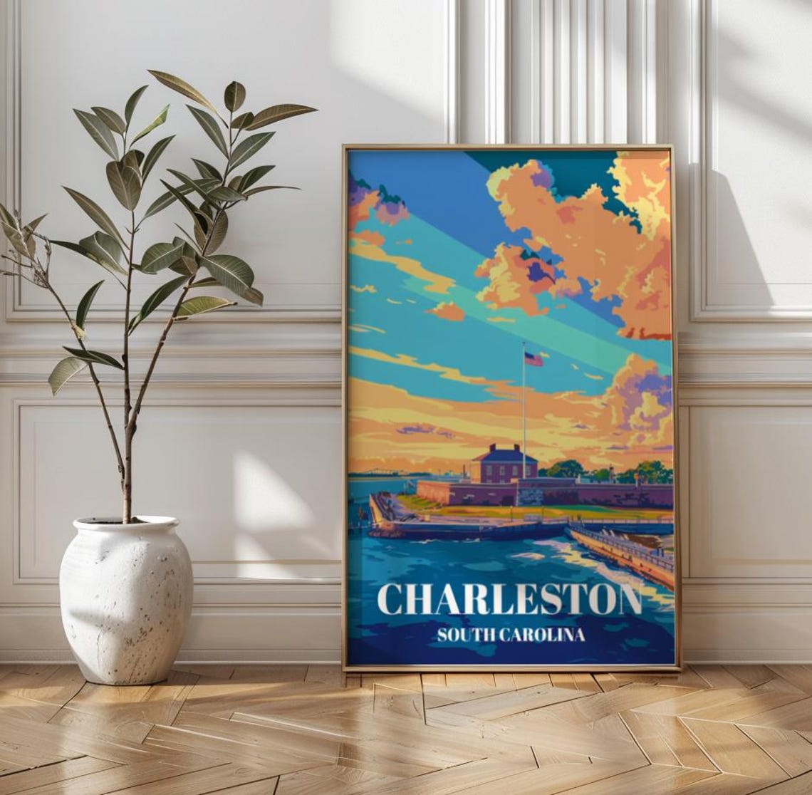 Charleston South Carolina Fort Sumter Sunset Harbor Travel Poster