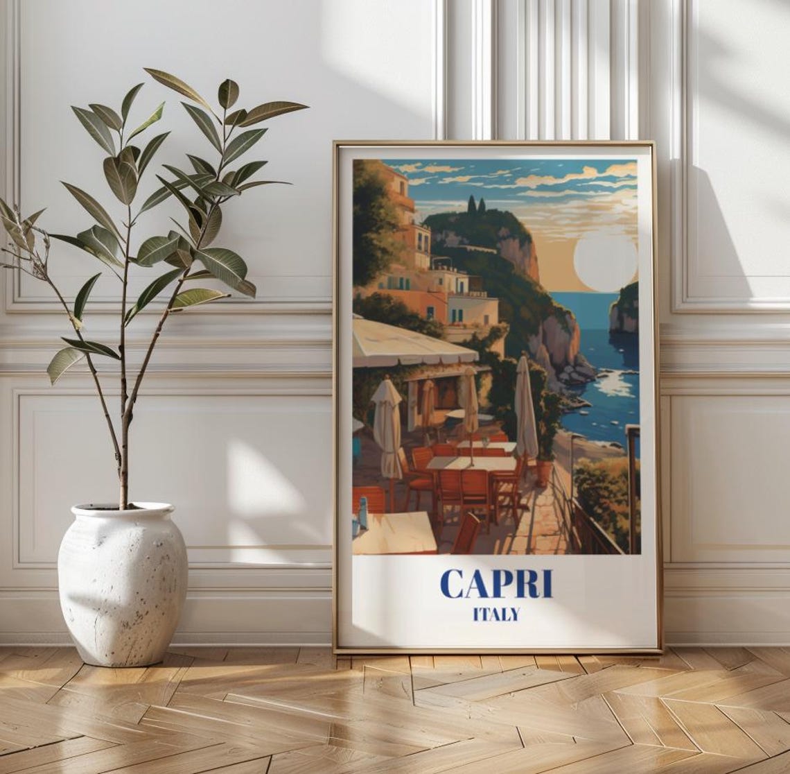 Capri Italy Mediterranean Seaside Terrace Sunset Travel Poster