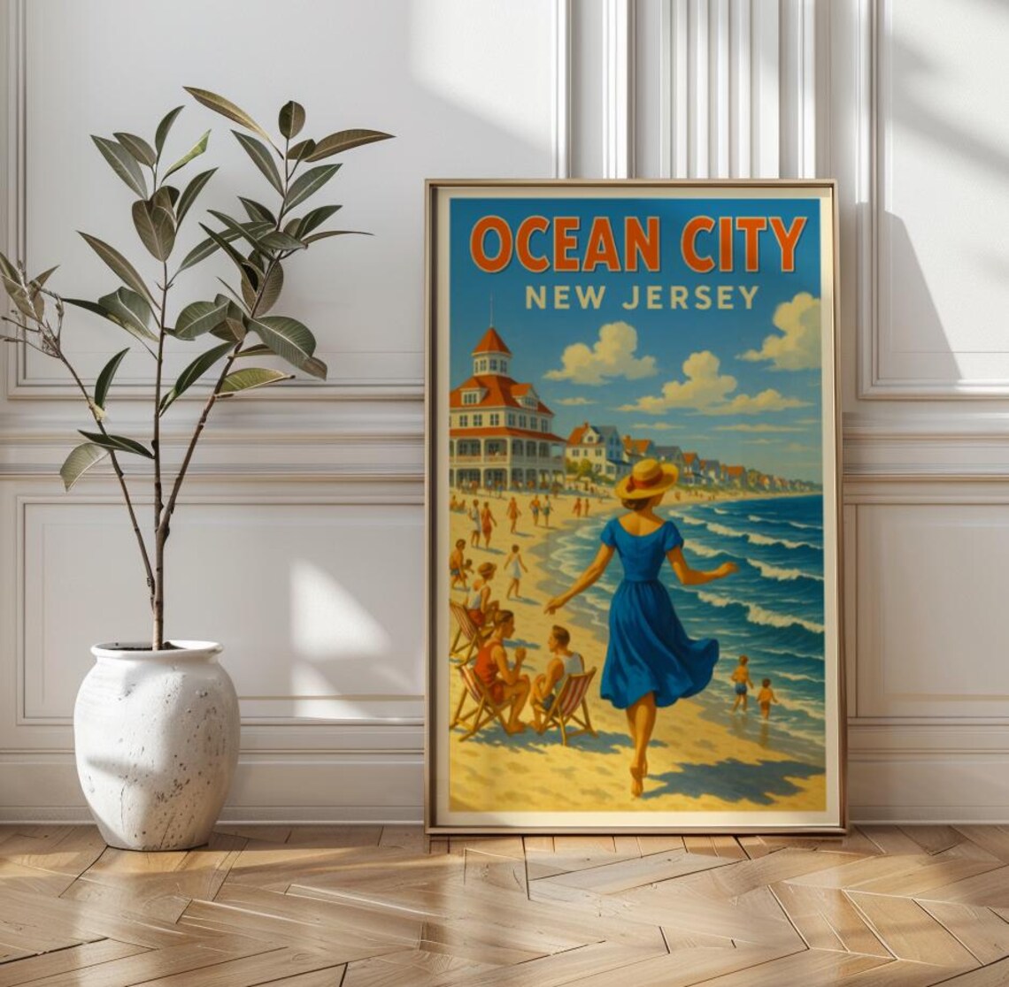 Ocean City New Jersey Vintage Beach Travel Illustration Poster