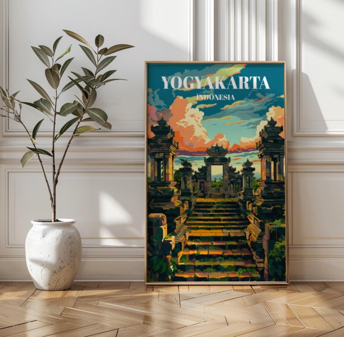 Yogyakarta Indonesia Ancient Temple Gate Stairs Sunset Travel Poster
