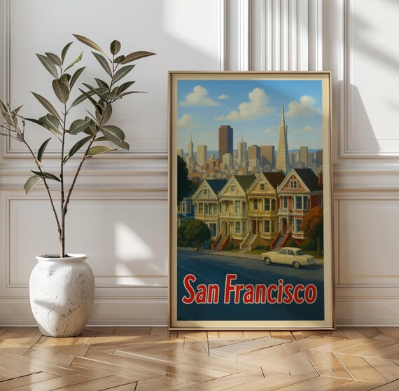 San Francisco Painted Lady Victorian Homes Skyline Travel Poster
