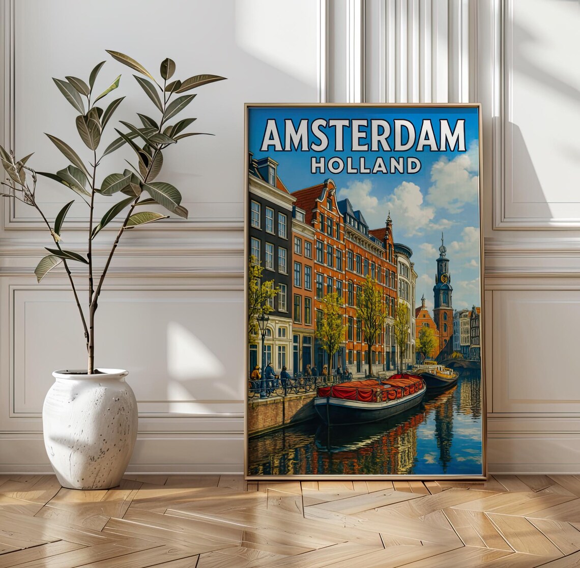 Amsterdam Holland Vintage Canal Houseboat Church Tower Travel Poster