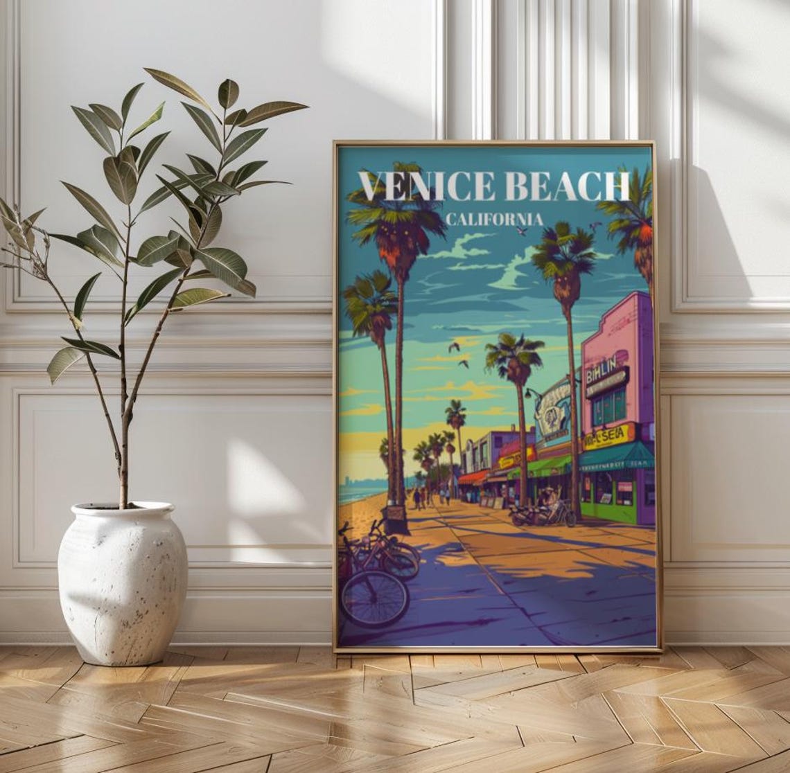 Venice Beach California Vintage Boardwalk Palm Trees Travel Poster
