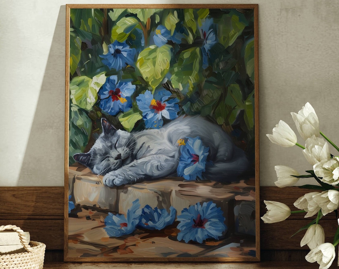 Russian Blue Cat in Hibiscus, Floral Art Print